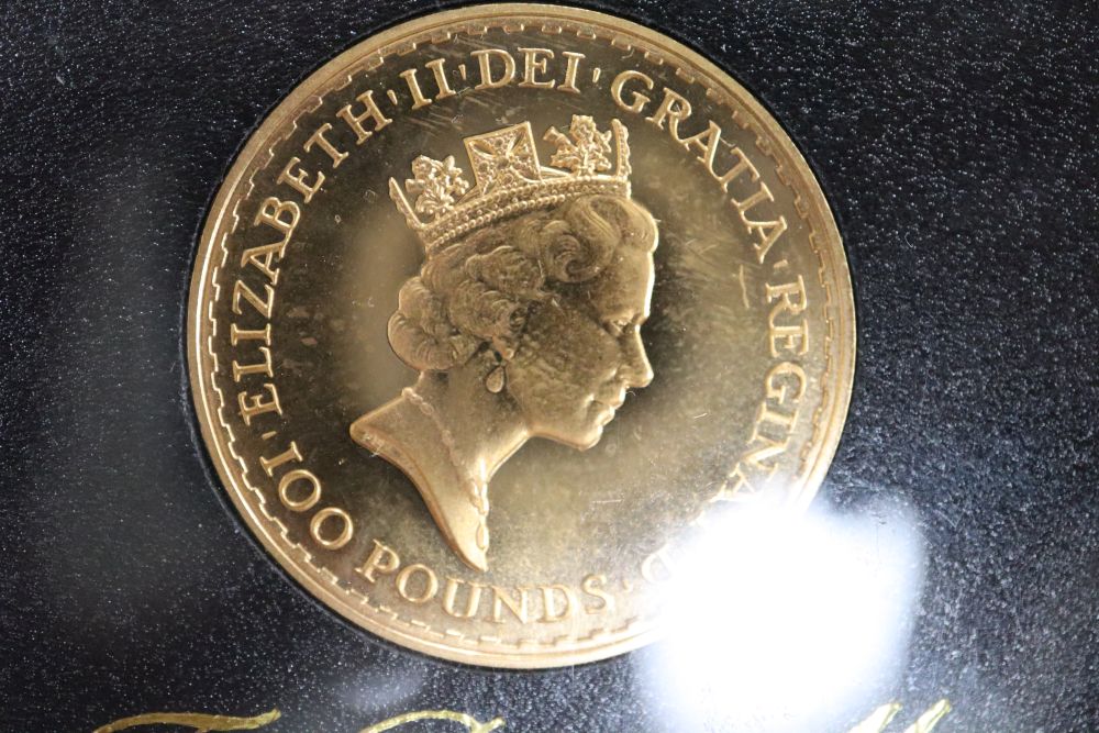 A Royal Mint QEII gold proof £100 one ounce coin.